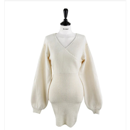2023 Spring Autumn Sexy Cross V-neck Wrap Hip Dresses Women's Knitted Sweater Dress Fashion Tight Short Dress