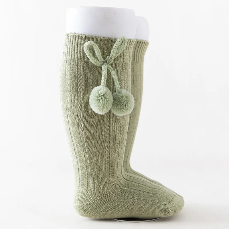 1 Pair Winter Kawaii Baby Stockings Cotton British Princess Knee High Long Bow Pom Tube Socks for Girls Knitted Sock for 0-4Year