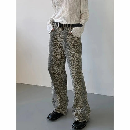 Women's Jeans Leopard High Waist Hip Hop Straight Fashion Pants Streetwear Harajuku Y2K Style Female Wide Leg Denim Trousers