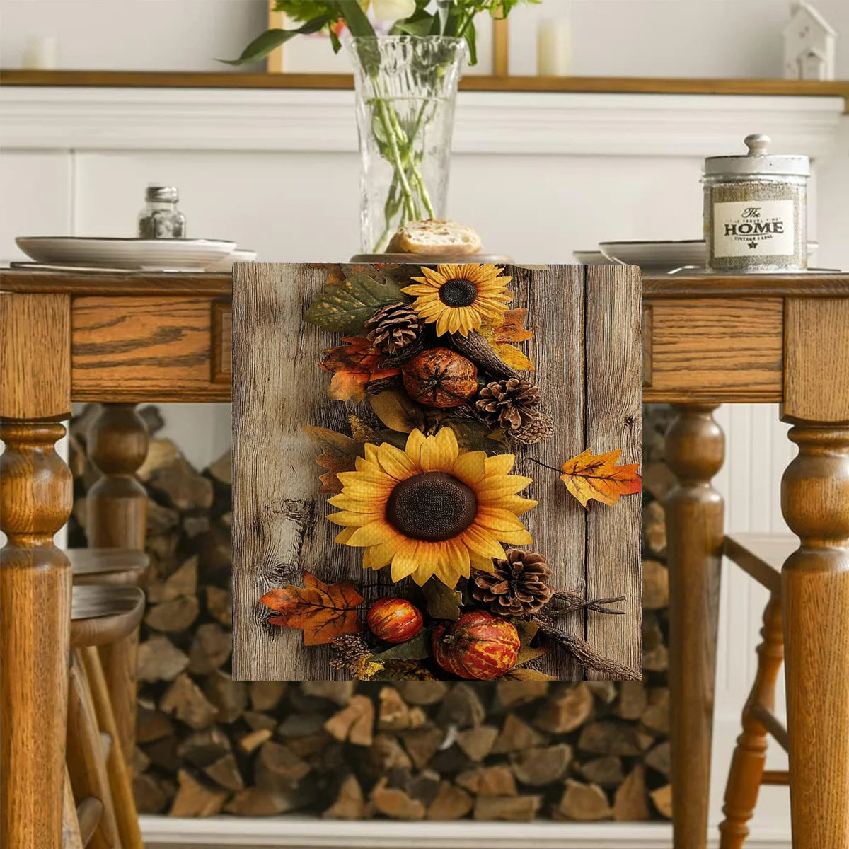 1 Piece of Autumn Pastoral Style Table Runner, Imitation Wood Base with Sunflower, Pine Cone and Autumn Leaf Pattern, Suitable for Harvest Festival Parties, Pastoral B&Bs, Autumn Weddings, Handicraft Markets, Cafe Decorations