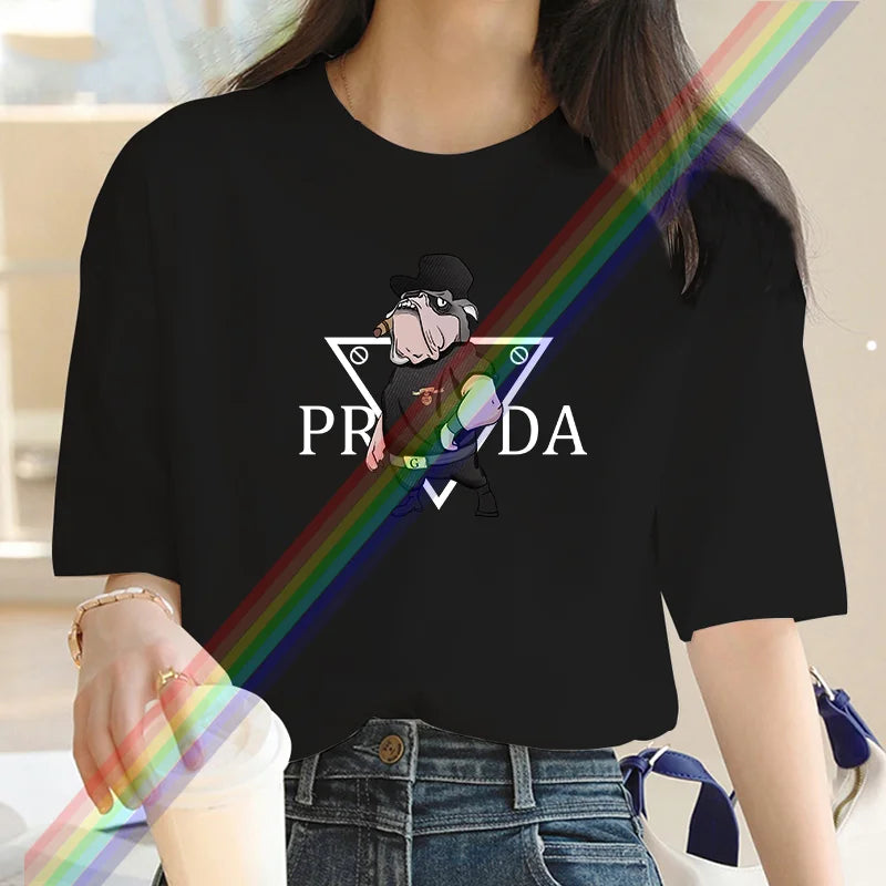 Women's luxury brand Fashion cartoon dog print women's T-shirt 2025 summer street fashion women's T-shirt Top women's T-shirt