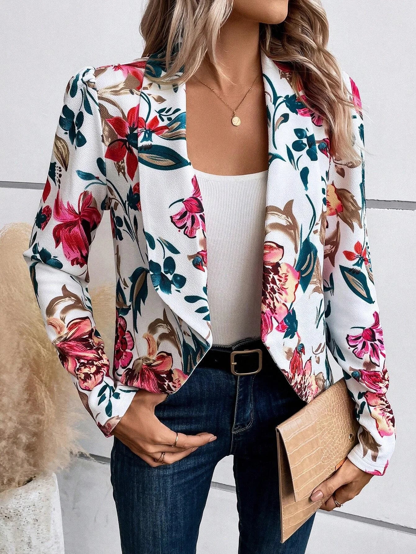 2024 Autumn Women's Fashion Floral Printed Suit Fitted Small Suit Office Ladies Commuting Blazer Women