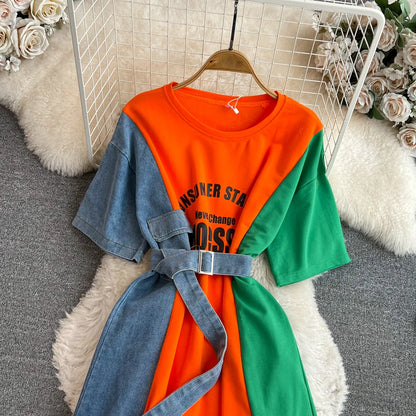 XFPV 2025 Summer Fashion Short Sleeve Round Neck High Waistband Slim A-line Denim Printed Patchwork Dress For Women SM11498