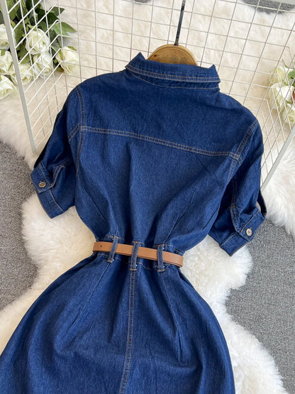 XFPV Women's Sweet Short Denim Dress For Women  Belt Slim Short Sleeved Vestidos Korean Fashion Spring Summer 2025 SM11153
