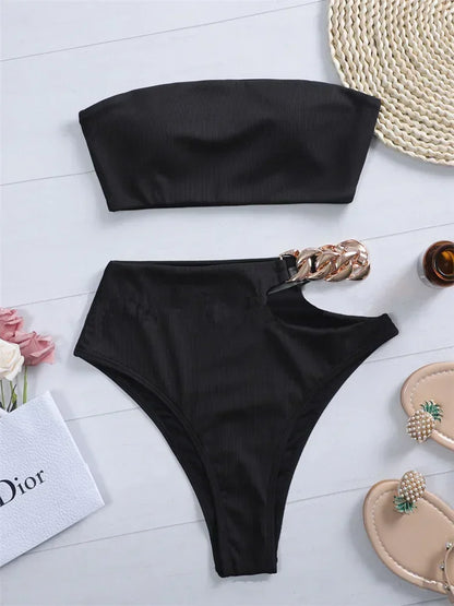 Bandeau Bikini 2024 Women Sexy White Black Cut Out Metal High Waist Swimsuit Female Off Shoulder Bathing Suit Swimwear Beachwear