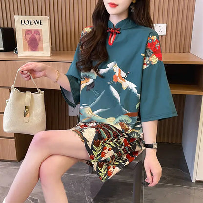 Summer Chinese Style Vintage Printing T-shirt Mini Dress Ladies Short Sleeve Loose Casual A-line Robe Women Stand Collar Vestido