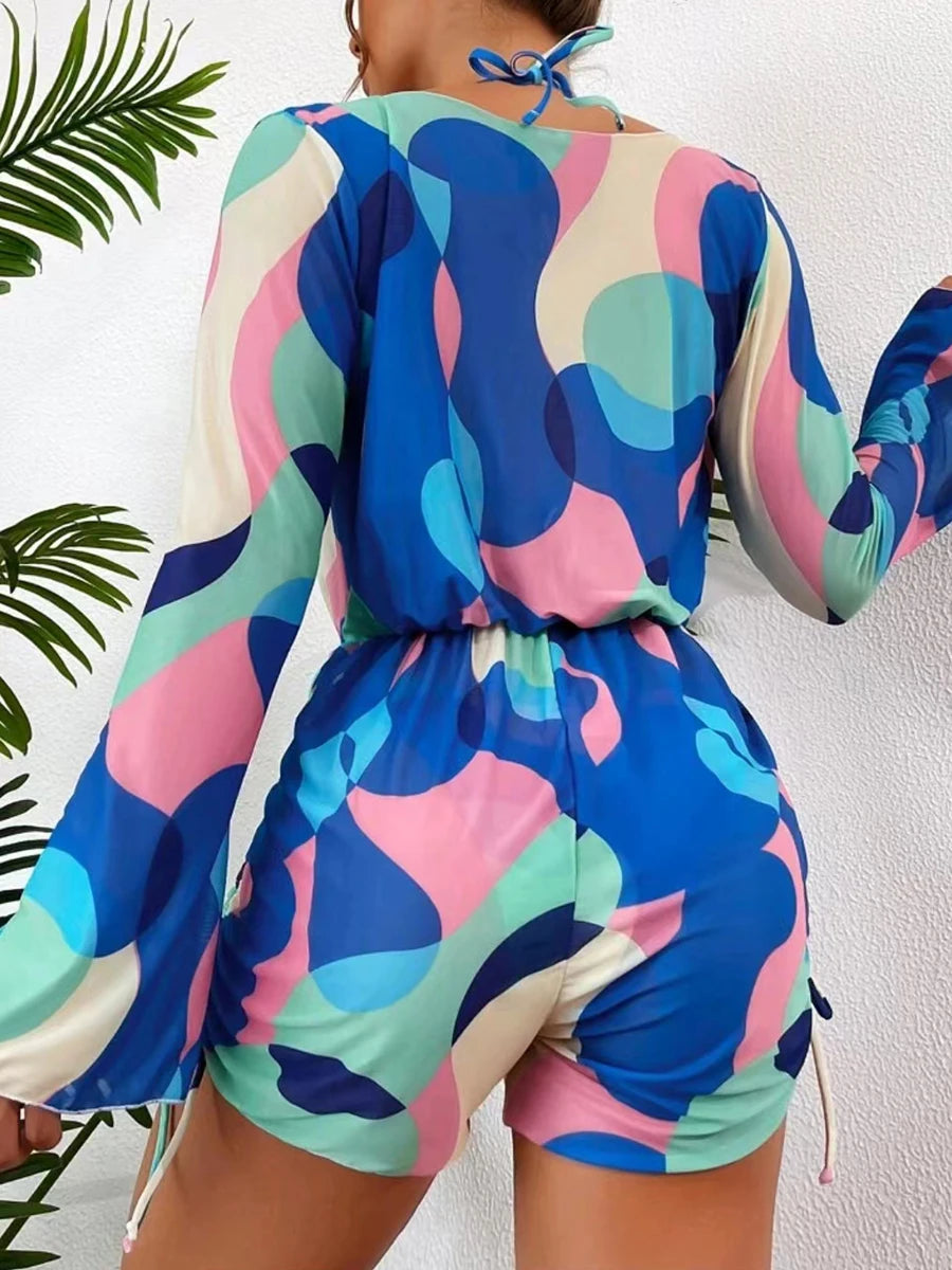 3 Pieces Triangle Halter String Bikini Long Sleeve Swimsuit Women Swimwear Female Bathers Bathing Swimming Swim Suit