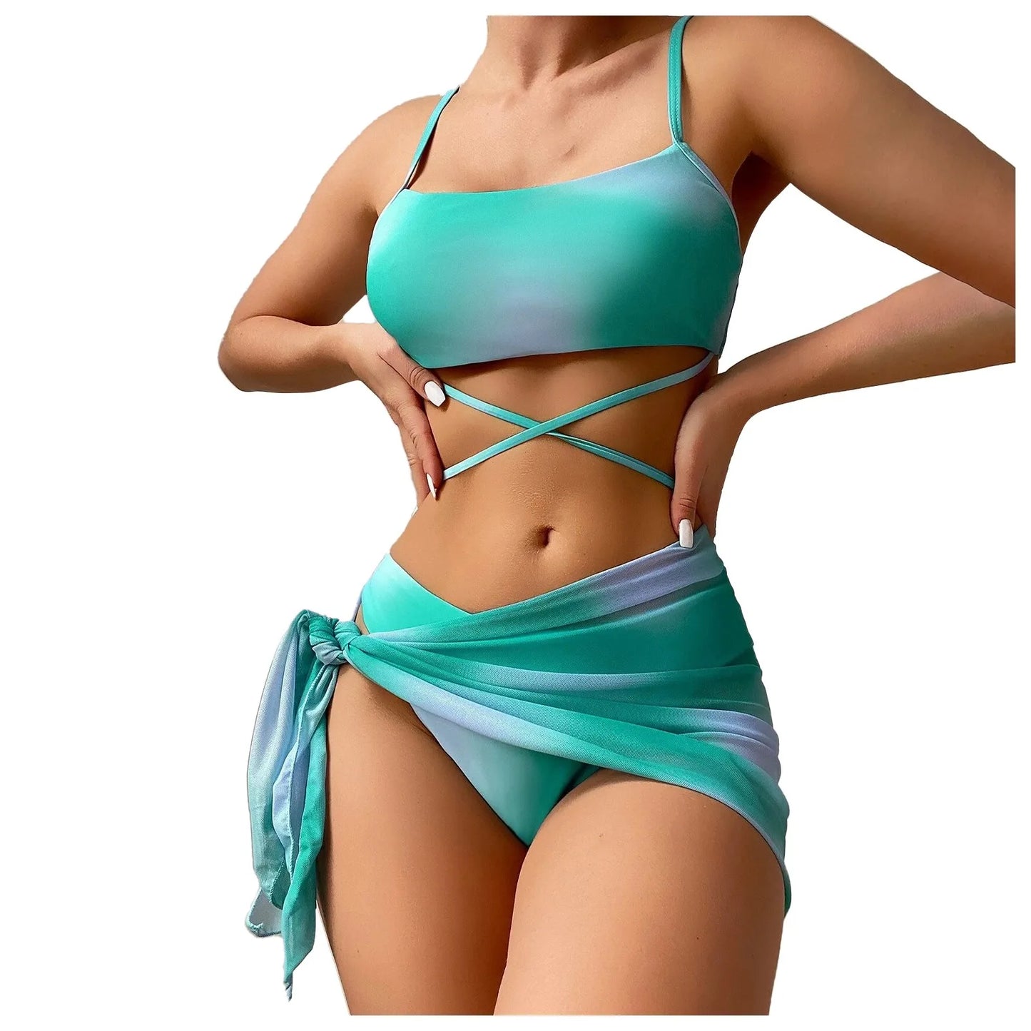 2024 new tie-dye Lace up Split Swimsuit Beach Bikinis Set Sexy Backless top Hipster Bottom and Cover Up dress 3 Pieces Swimsuit