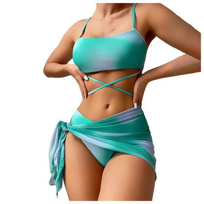 2024 new tie-dye Lace up Split Swimsuit Beach Bikinis Set Sexy Backless top Hipster Bottom and Cover Up dress 3 Pieces Swimsuit
