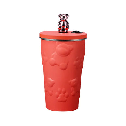 600ml Cute Bear 304 Stainless Steel Coffee Thermos Double Wall Vacuum Insulation with Straw Outdoor Water Bottle Car Cup