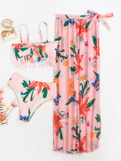 3 Pieces High Waist Swimsuit With Beach Skirt Floral Print Knot Front Bikinis 2025 Women Ruffle Swimwear Female Bathing Suit