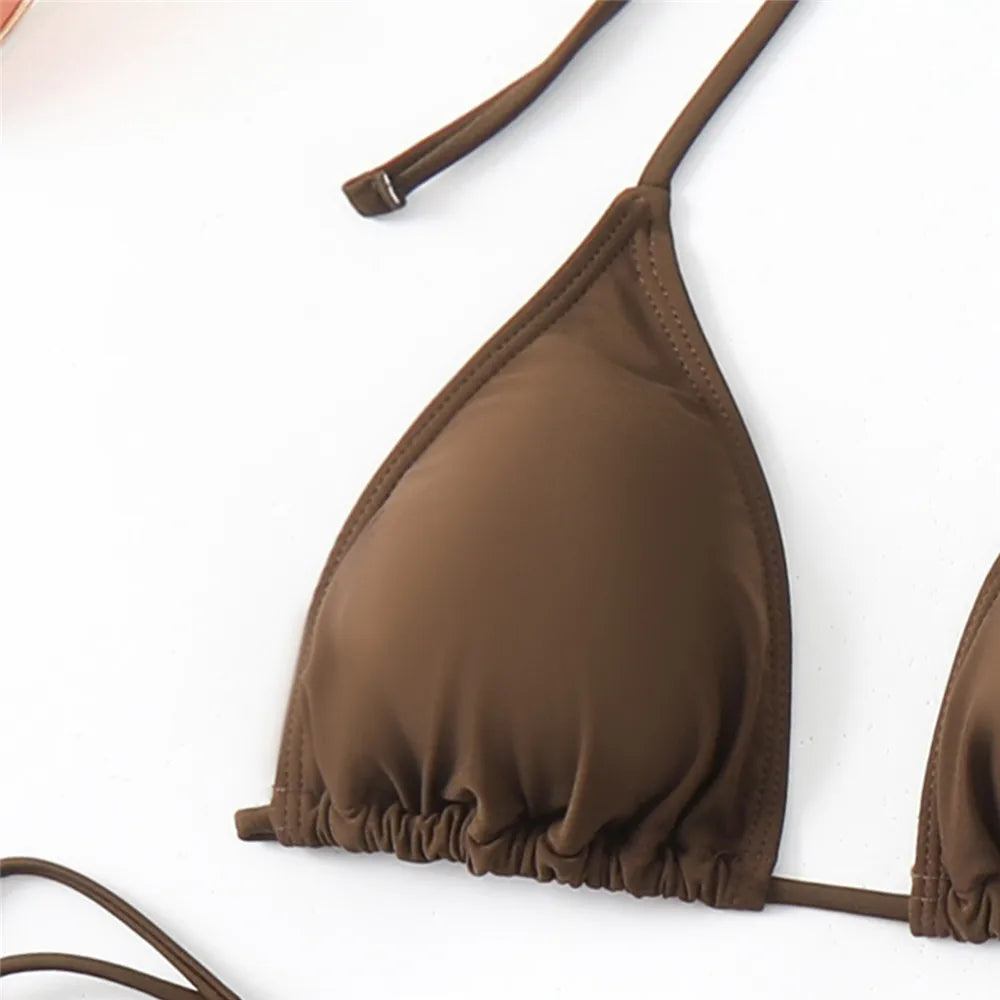 Brown Mesh Cover Ups Swimwear 3 Piece Bikinis Sets Sexy Swimsuit Women 2024 String Halter Triangle Micro Bikini Thong Beachwear