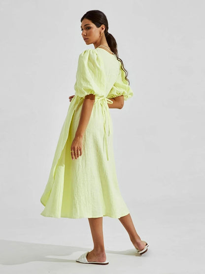 Bornladies 100% Cotton V-neck Waist Cinched Dress Unique Lantern Sleeve Sexy Slit Long Skirt Fashionable Women's Casual Dresses