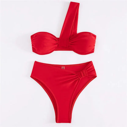 Brown One Shoulder Bikini High Waist Sexy Swimsuit Women 2025 Solid Swimwears Bathing Suit Bandeau Bikinis Sets De Mujer Biquini