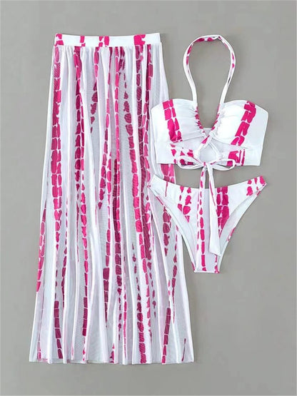 3 Pieces Tie Dye Cross Bikini 2023 Women Sexy Halter Swimsuit & Cover Up Pants Swimwear Bathers Bathing Swimming Suit Beachwear