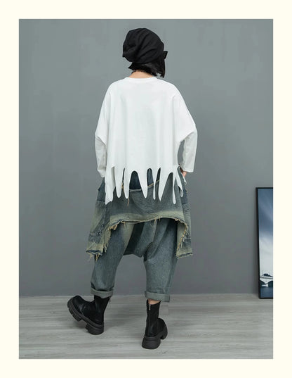 (No Belt)Women Streetwear Pants Set Plus Size White Tassels Tees +2 In 1 Cross Pants Novelty High Street Matching Wear Suit
