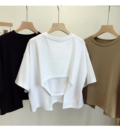 Summer New Ladies Casual Backless T-Shirt 2023 Korean Women Round Neck Loose Sweet Spicy Wind Short-Sleeved Crop Tops