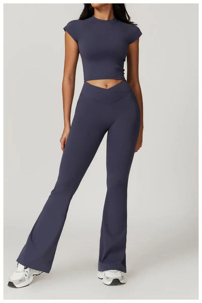 Two Piece Short Sleeve Sport Yoga Set Outfit Fitness Gym Set Workout Clothes for Women Flare Leggings Sportwear Women Tracksuit