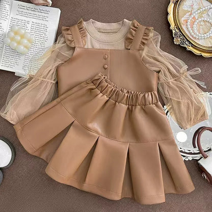 2024New Girls' Autumn Western Style Little Girls' Leather Two-Piece Suit Fashionable Children's Bottoming Shirt Trendy