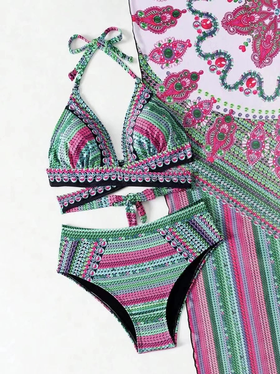 3 Pieces Printed Cross Bikinis 2025 Women Padded Swimwear With Outer Drape Swimsuit Female Bathers Bathing Swimming Suit