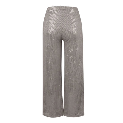 Women's Fashion Solid Color High Waist Sequin Side Zipper Draped Wide Leg Pants Pants for Women Women’s Pants Women’s Pants 2024