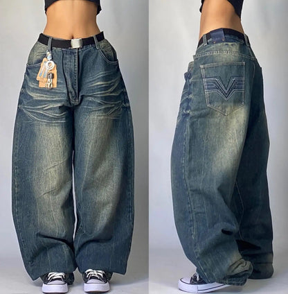 Street Fashion Trend New Pattern Embroidered Baggy Jeans Women Y2K Gothic Vintage Hip Hop Rock Popular High Waist Wide Leg Pants