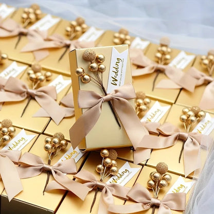 20Pcs Square Paper Box Gold Candy Boxes Ribbon Beading Chocolate Cake Lipstick Wedding Thanksgiving Anniversary Gift Packaging