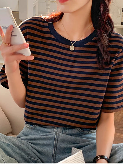 Women Stripes Vintage Tshirt Tops O Neck Short Sleeve Pullover T-shirt 2024 Summer New Korea Cotton Shirt Green Black Y2K