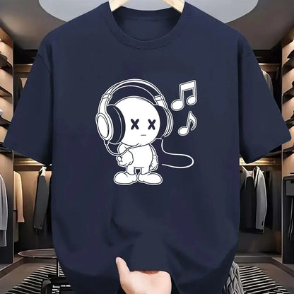 Summer men's 100% cotton casual loose fit plus size music themed printed comfortable sports round neck short sleeved T-shirt top