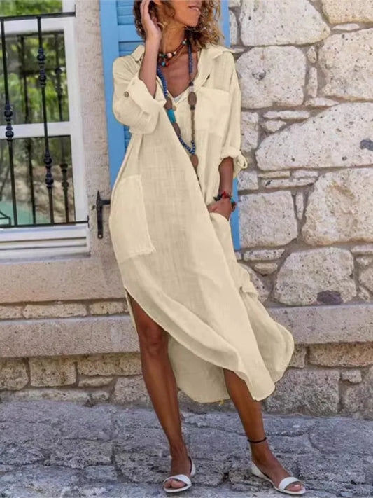 Autumn New Solid Color Cotton Linen Long DressV-neck Button Slit Pockets Loose Breathable Casual Temperament Elegant Shirt Dress