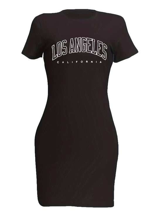 Summer Women's LOS ANGELES Letter Printed Casual Slim Fit Short Sleeve Round Neck Short Mini Dress