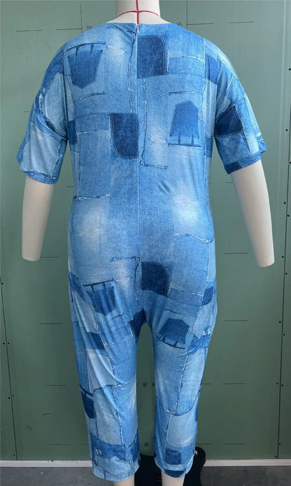2024 AliExpress Europe and America Plus Size Summer Loose V-Neck Stitched Patch Pocket Printed Jumpsuit