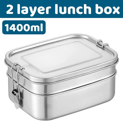 2 Layer Stackable Bento Lunch Box for Kids & Adults, 1400ml Stainless Steel Food Storage Container for School, Work & Travel