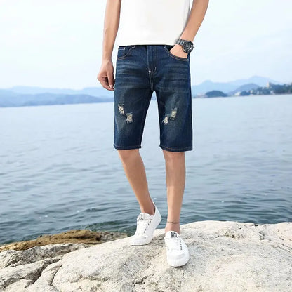 29-40 New Summer Men's Personalized Washable Perforated Denim Pants Large Casual Middle Pants