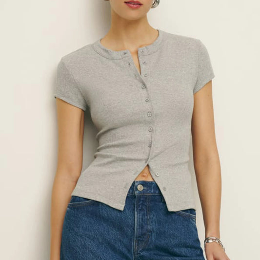 Women Knit Button Up Shirts Summer Crop Tops Short Sleeve Round Neck Solid T-shirt Slim Fit Tees Vintage Grunge Tee Streetwear