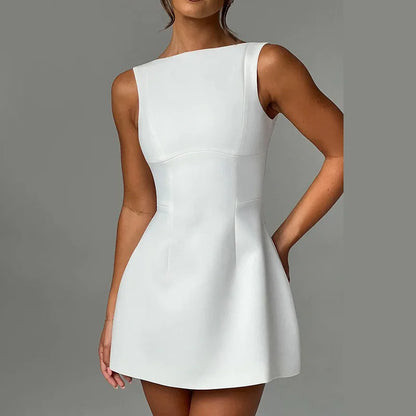2024 Elegant Slim Solid Mini Dress For Women Summer O-neck Backless A-line Dress Black Sleeveless Office Lady Party Dress