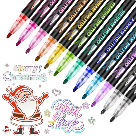 8/12/24/36/48 Colors Outline Pen Double-line Contour Pen Dream flash pen Metal color marker DIY handbook fluorescent marker