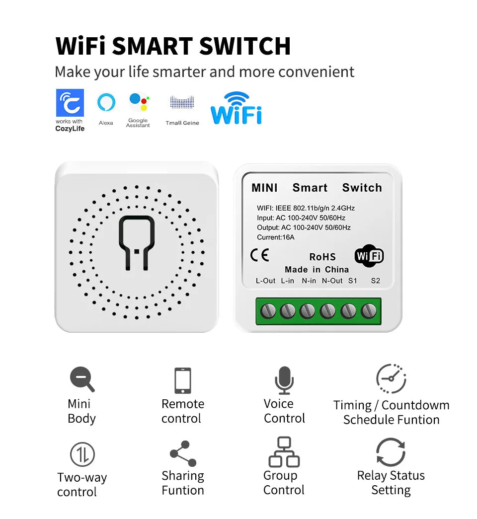 10 Pcs Smart Wi-Fi Switch Work With CozyLife APP Remote & Voice Control (Alexa/Google Home),16A Smart Wi-Fi Power Controller