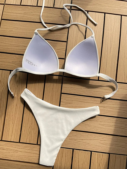 2025 Halter Bra Cup Bikini Sexy Swimsuit Female White Swimwear Women Push up Bikini set Brazilian Bathing Suit Bandeau Swim suit