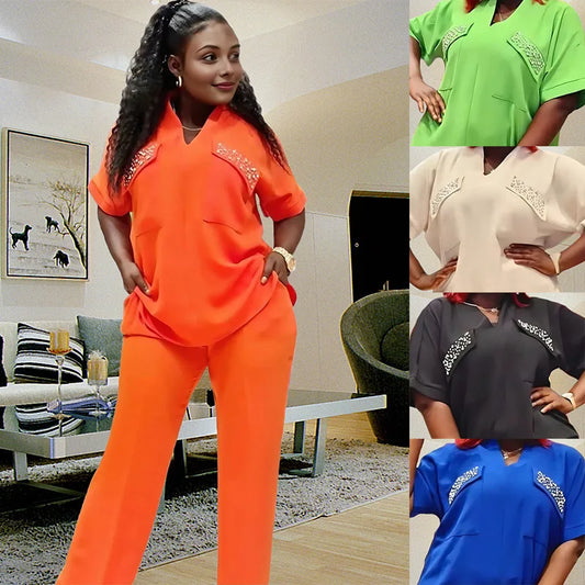 Casual African Clothes for Women Plus Size Summer Outfits Tracksuit Tops Pants 2 Piece Suit Beading Ankara Dashiki Matching Sets