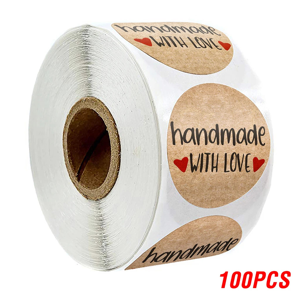 100-500pcs 1inch Vintage Kraft Paper Handmade With Love Stickers for Package Thank You Stationery Adhesive Labels Baking Seals