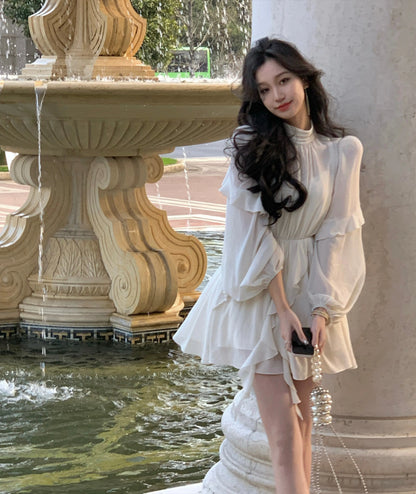 Beach Style Chiffon Y2k Mini Dress Office Lady Casual Long Sleeve Elegant One Piece Dress Korean Fashion Clothing Summer 2023
