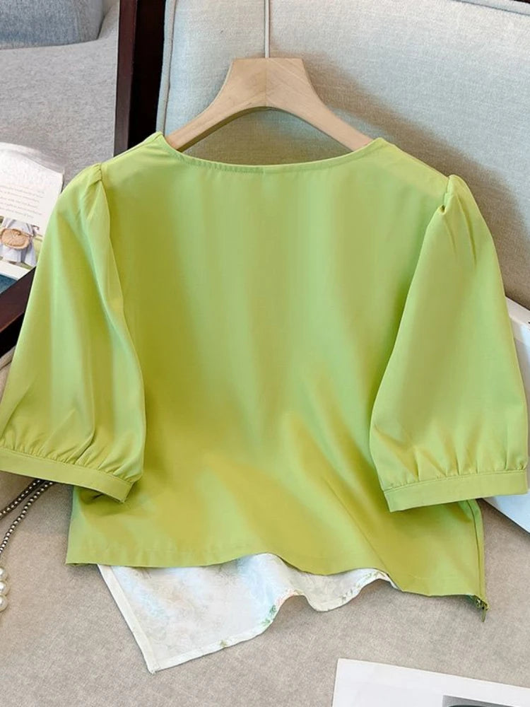 Summer Design Shirts for Women Fake Two Piece Plus Size Flower Print Irregular Lace Up Crop Top All Match Square Collar Clothing