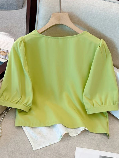 Summer Design Shirts for Women Fake Two Piece Plus Size Flower Print Irregular Lace Up Crop Top All Match Square Collar Clothing