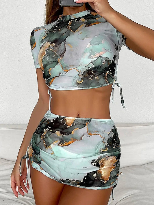 4 Pieces Halter Bikini Swimsuit With Marble Print Cover Up 2025 Swimwear Female Beachwear Bathing Swimming Suit Women Summer
