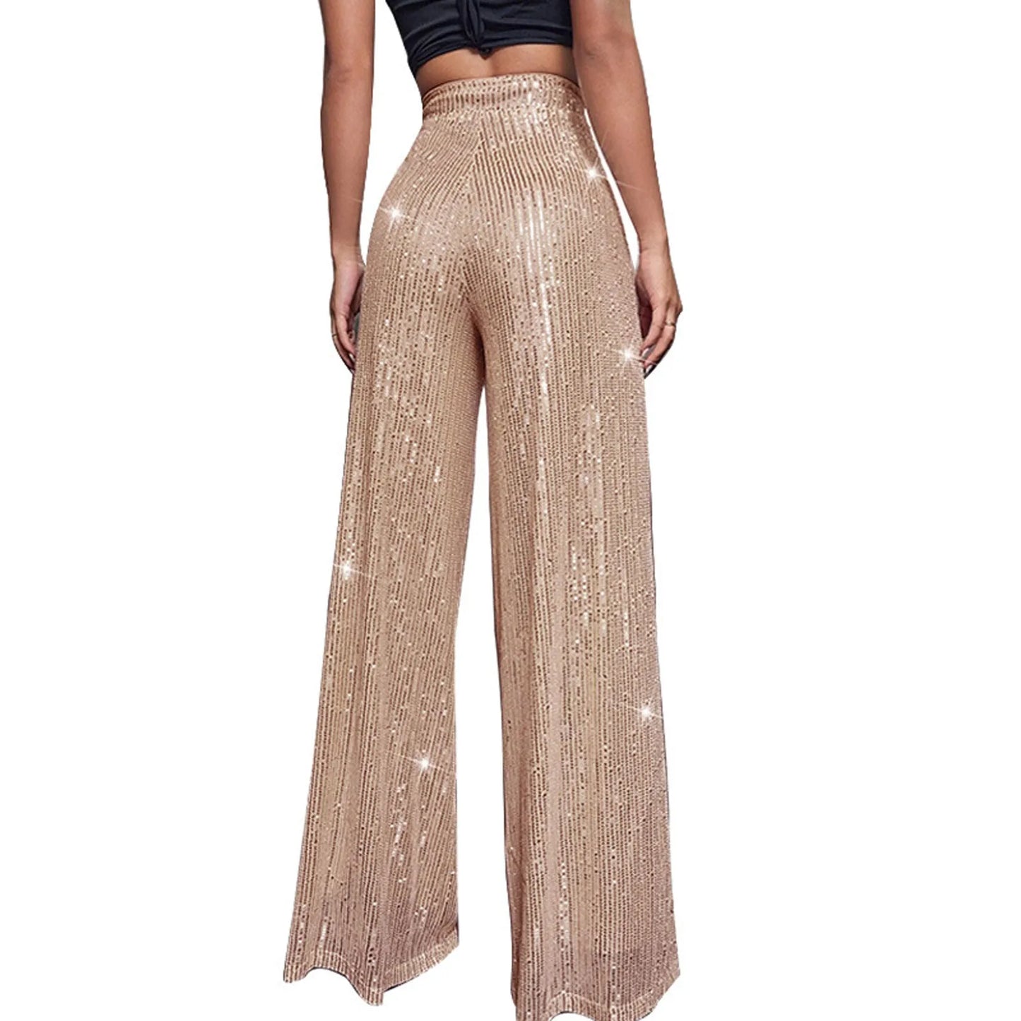 Women's Fashion Solid Color High Waist Sequin Side Zipper Draped Wide Leg Pants Pants for Women Women’s Pants Women’s Pants 2024