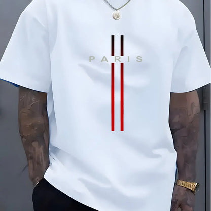 Summer men's 100% pure cotton casual loose fit plus size PARIS letter pattern printed round neck short sleeved T-shirt top