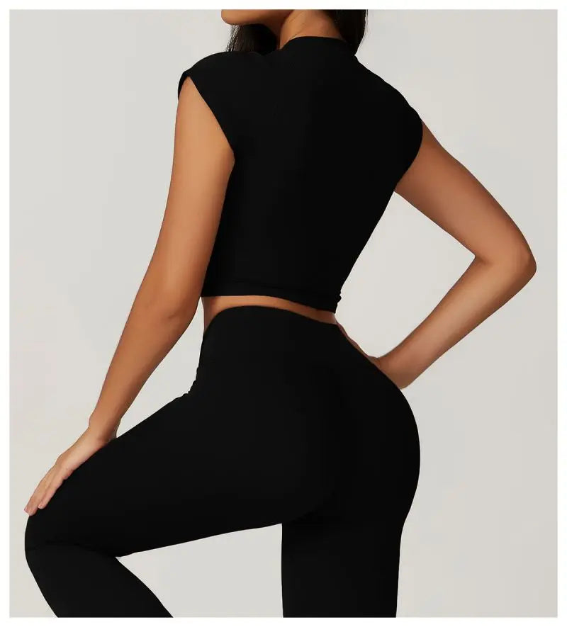 Two Piece Short Sleeve Sport Yoga Set Outfit Fitness Gym Set Workout Clothes for Women Flare Leggings Sportwear Women Tracksuit