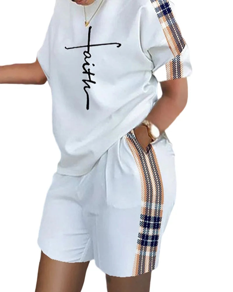 Summer Women's Short Sleeve Shorts Two-piece Set 2024 Fashion Casual Plaid Printed Women's Shorts Pocket Plus Size Set Clothing