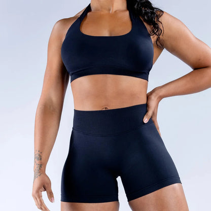 D LOGO Sports Bra Women Seamless Halter Neck Strap Bra with Logo Padded Open Back Yoga Top Bra Medium Support Gym Crop Top